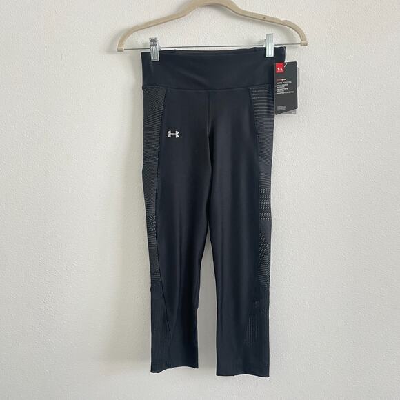 Under Armour Leggings Women S Black Heat Gear Pockets 5/8 Length Sheer Hem Run - Picture 1 of 8
